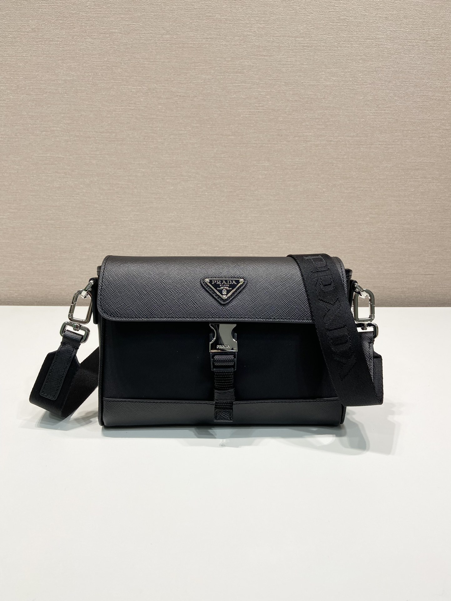 Pra*a re-nylon and leather shoulder bag