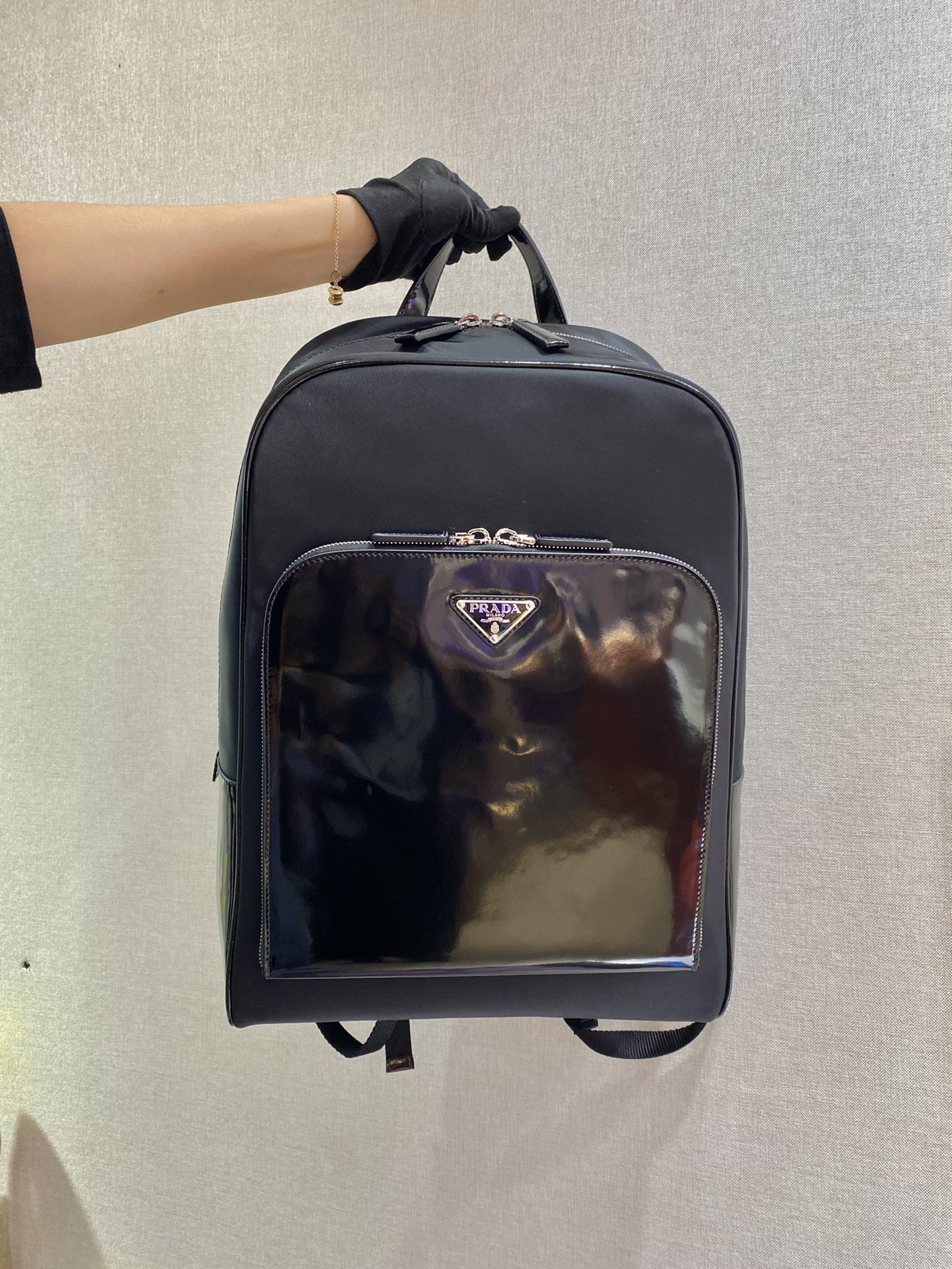 Pra*a black re-nylon and leather backpack