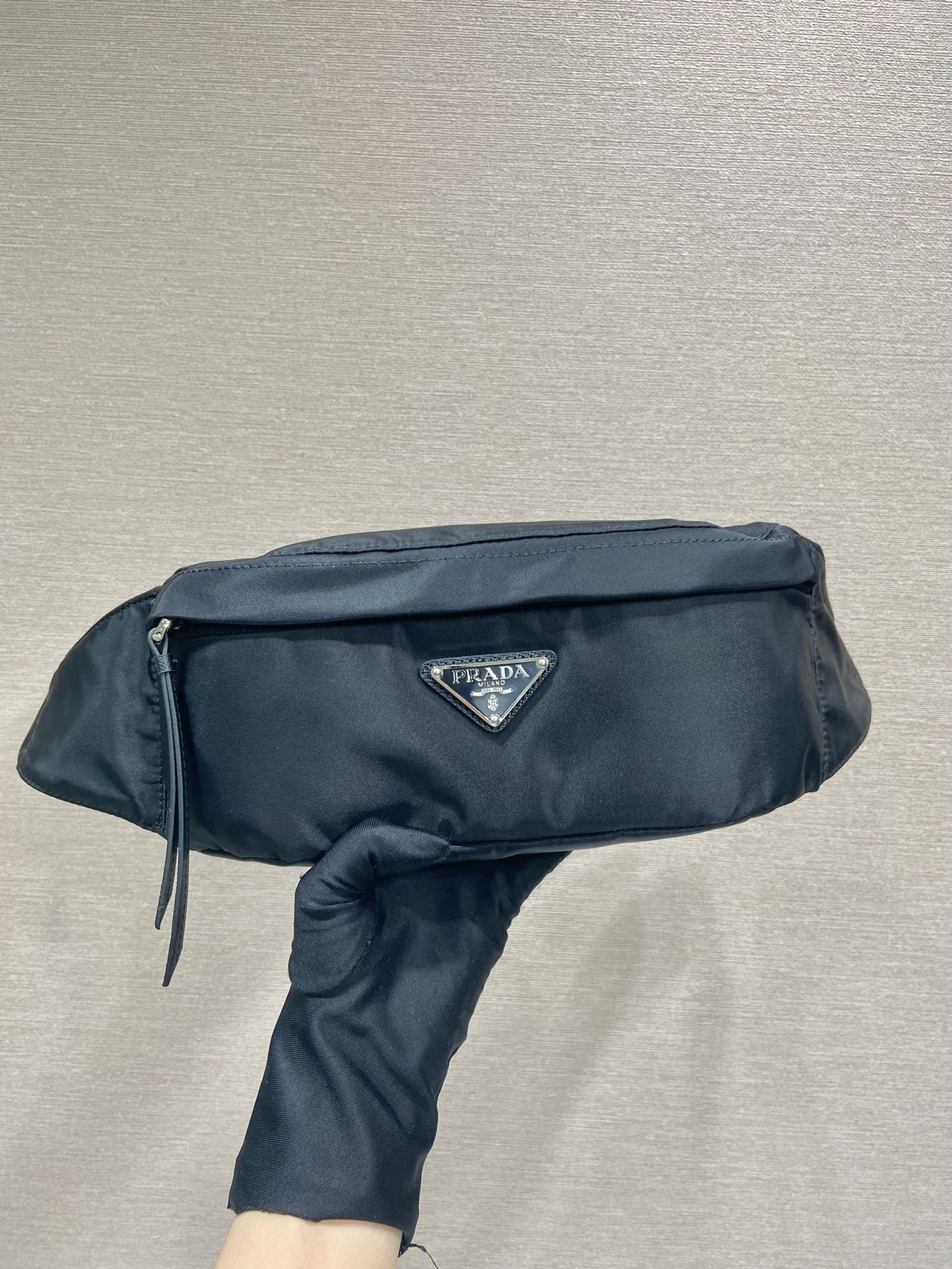 Pra*a black re-nylon and saffiano leather belt bag