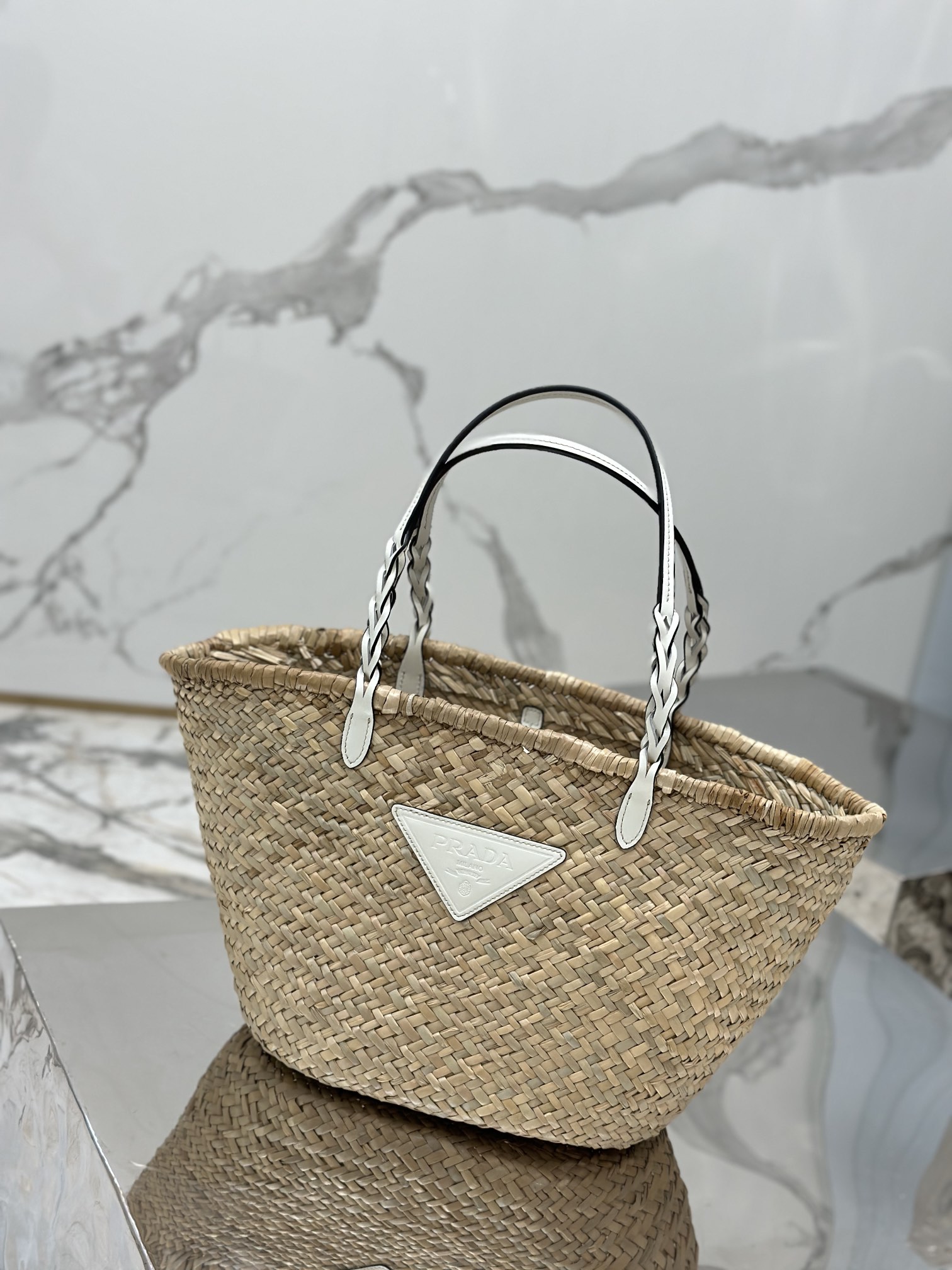 Pra*a woven palm and leather tote