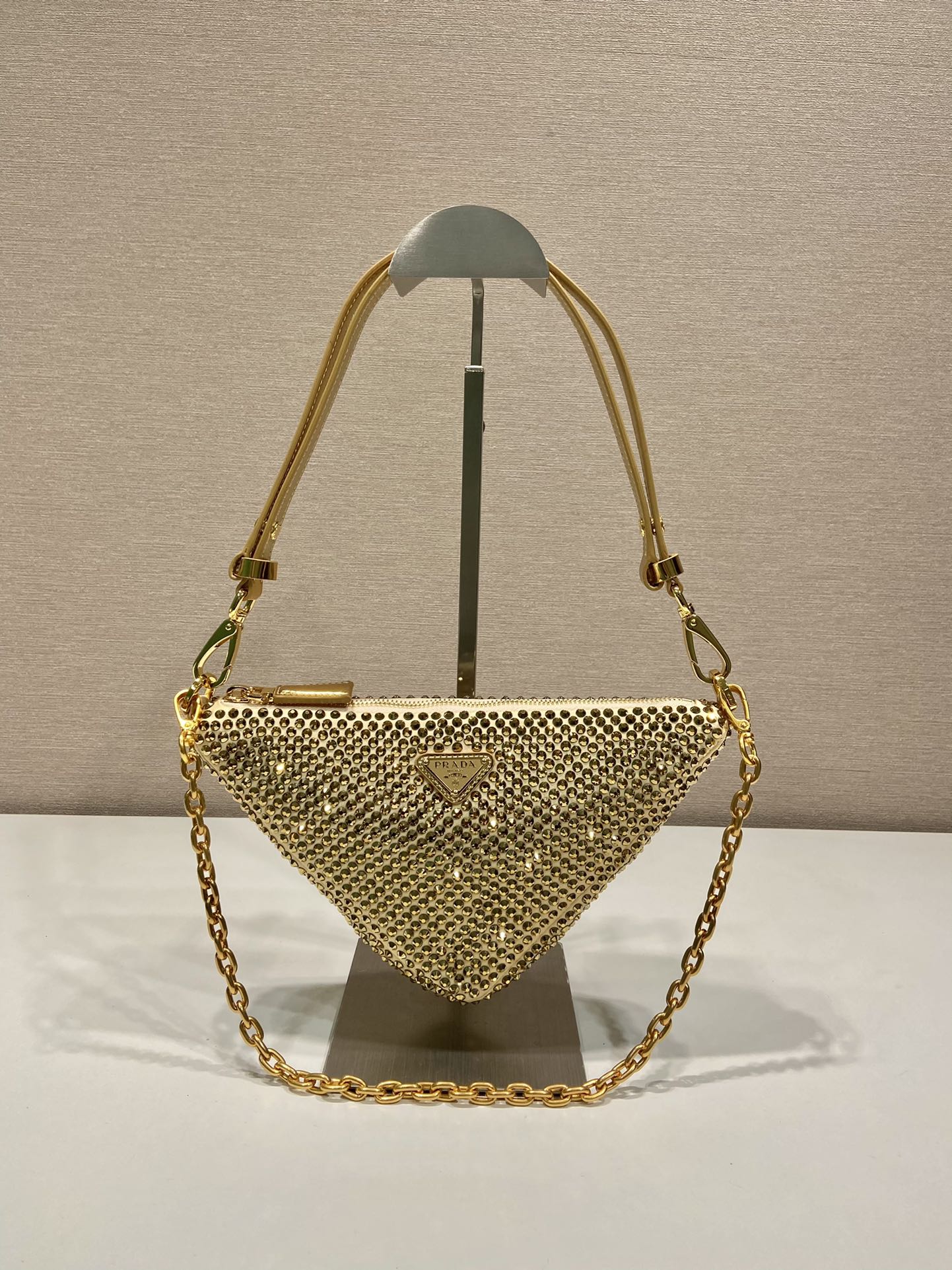 Pra*a triangle satin mini-bag with crystals
