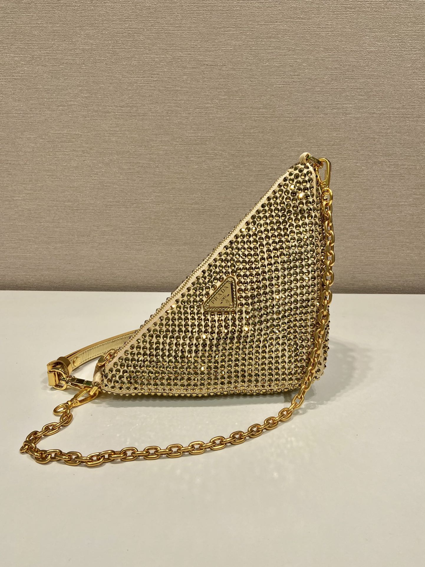 Pra*a triangle satin mini-bag with crystals