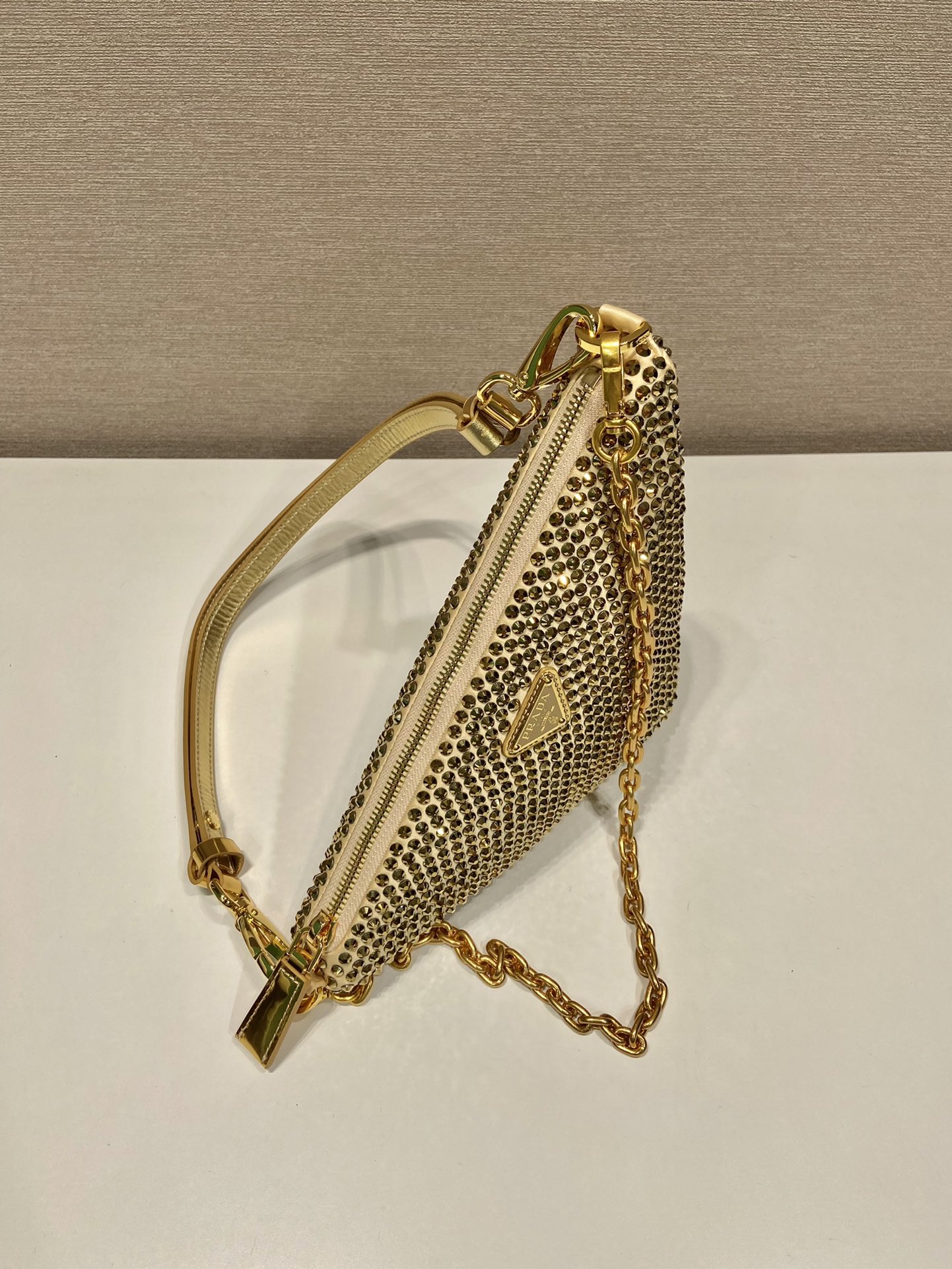 Pra*a triangle satin mini-bag with crystals
