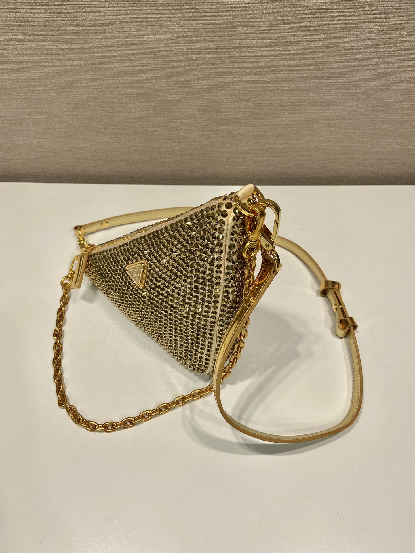 Pra*a triangle satin mini-bag with crystals