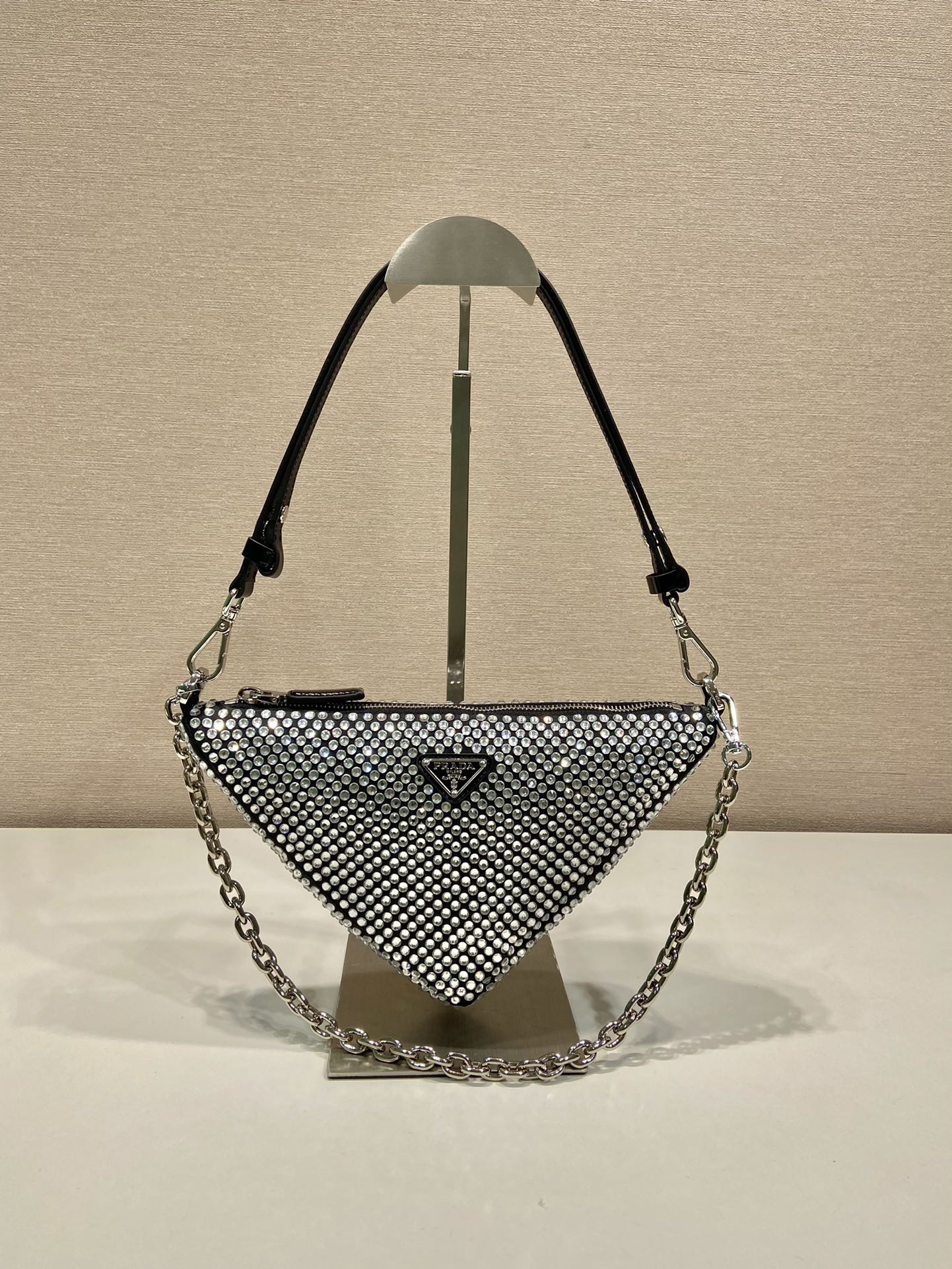 Pra*a triangle satin mini-bag with crystals