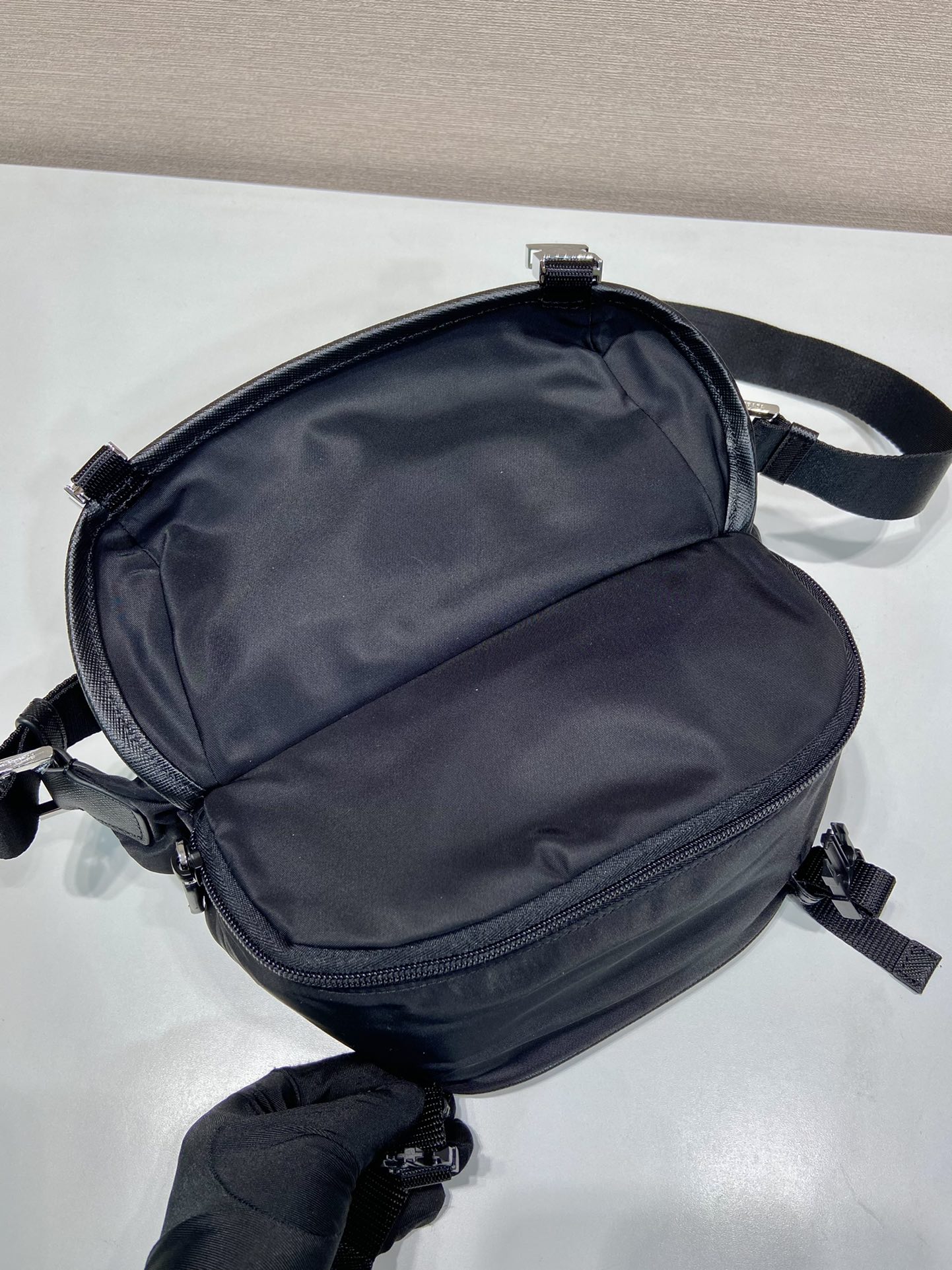 Pra*a re-nylon and saffiano leather shoulder bag