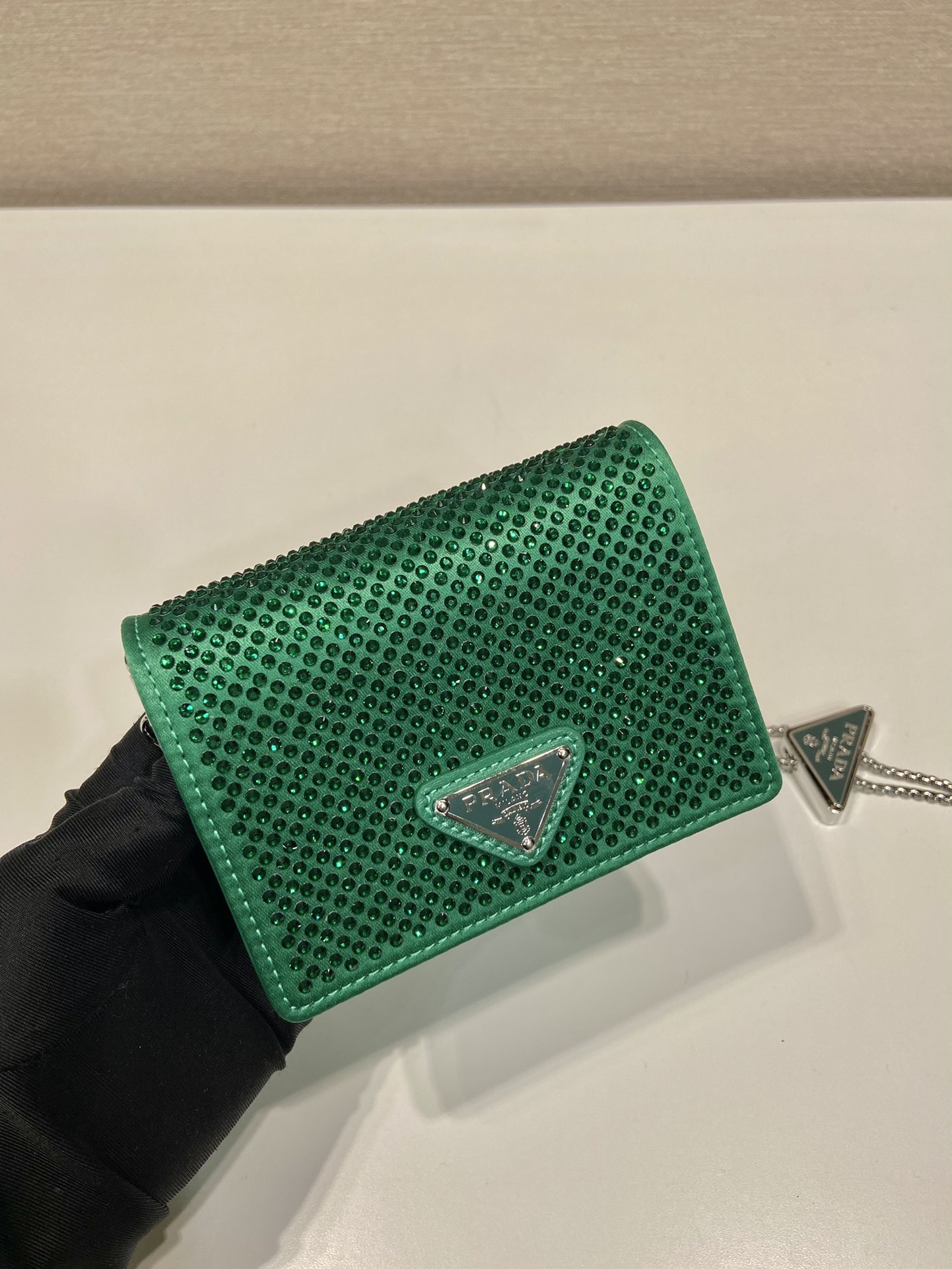 Pra*a cardholder with shoulder strap and crystals