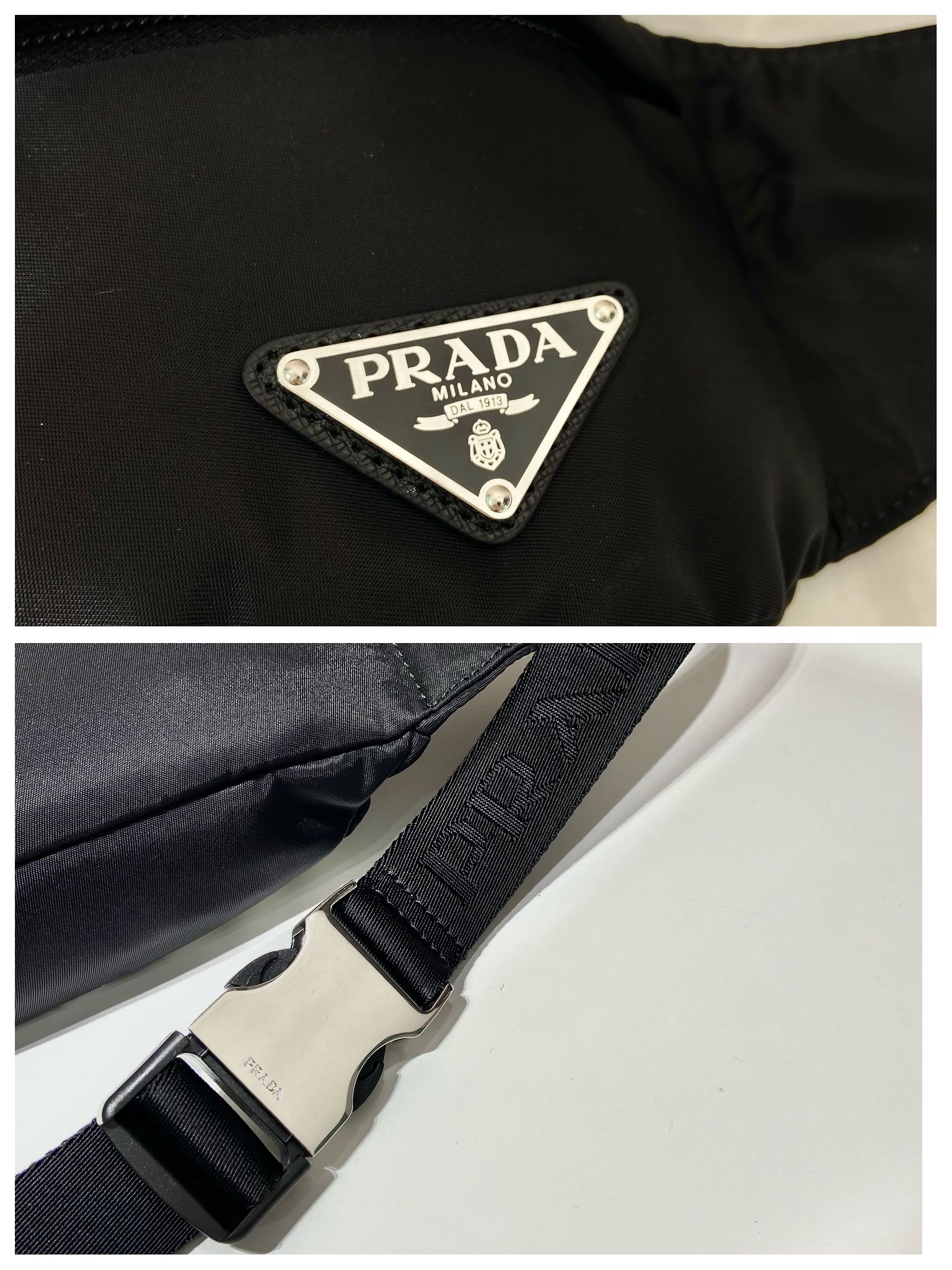 Pra*a black re-nylon and saffiano leather belt bag