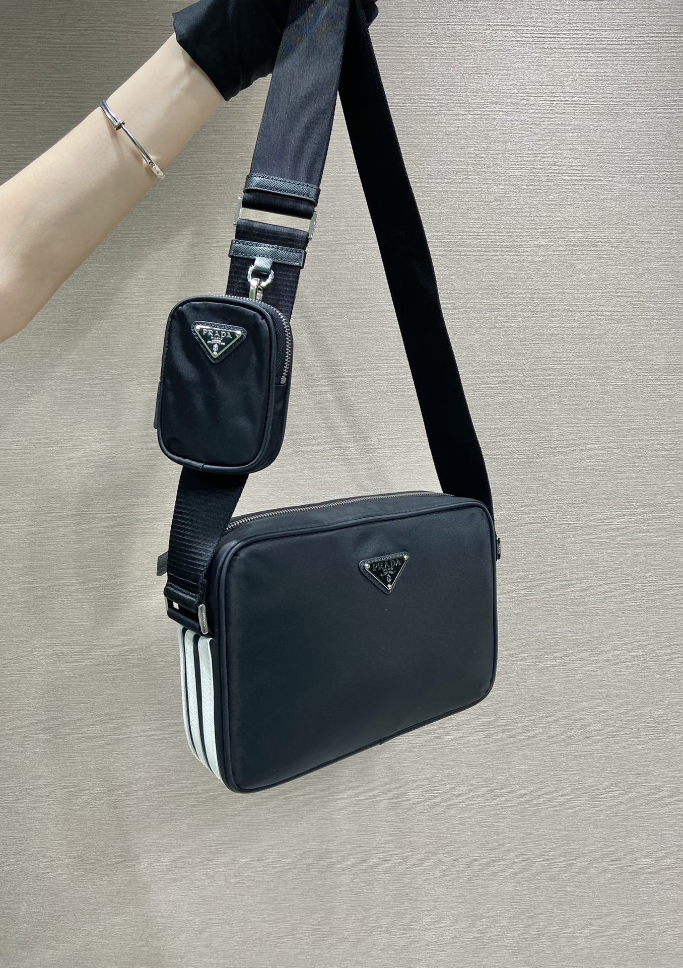 Pra*a black re-nylon and saffiano camera bag