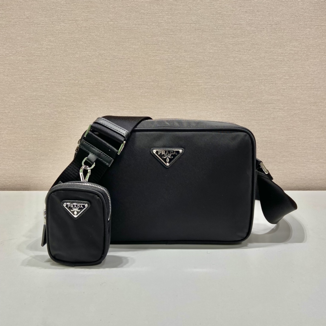 Pra*a black re-nylon and saffiano camera bag