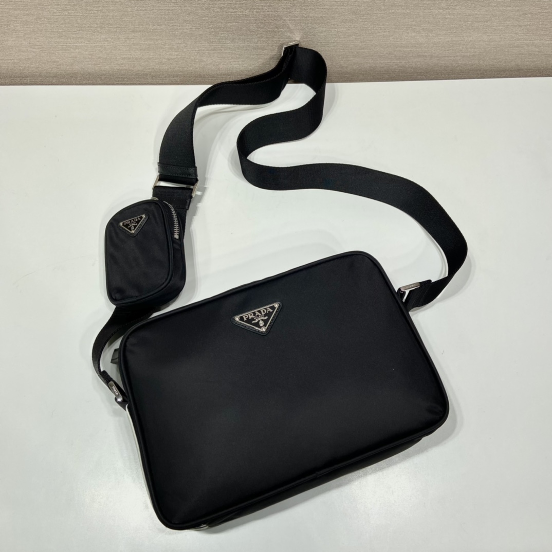Pra*a black re-nylon and saffiano camera bag