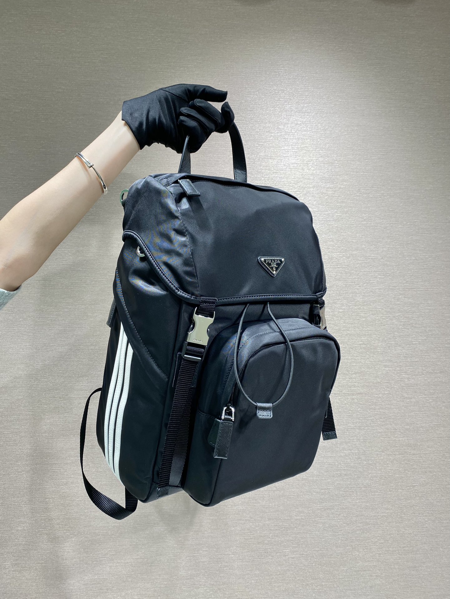 Pra*a black re-nylon and saffiano backpack