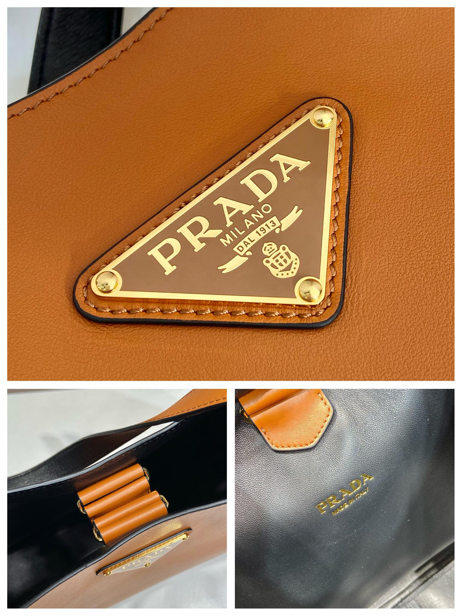 Pra*a large leather shoulder bag with topstitching