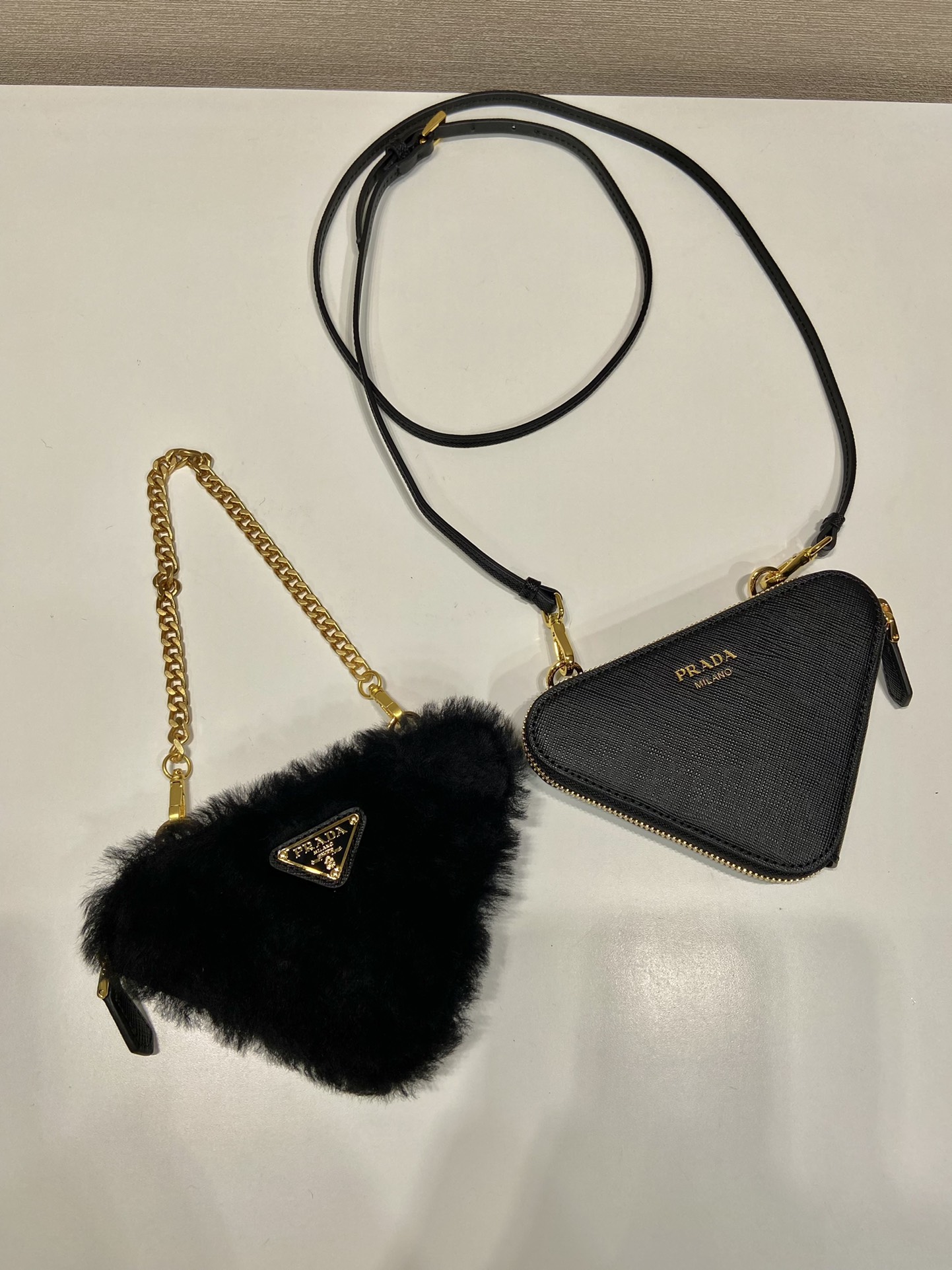 Pra*a shearling and saffiano leather mini-pouch