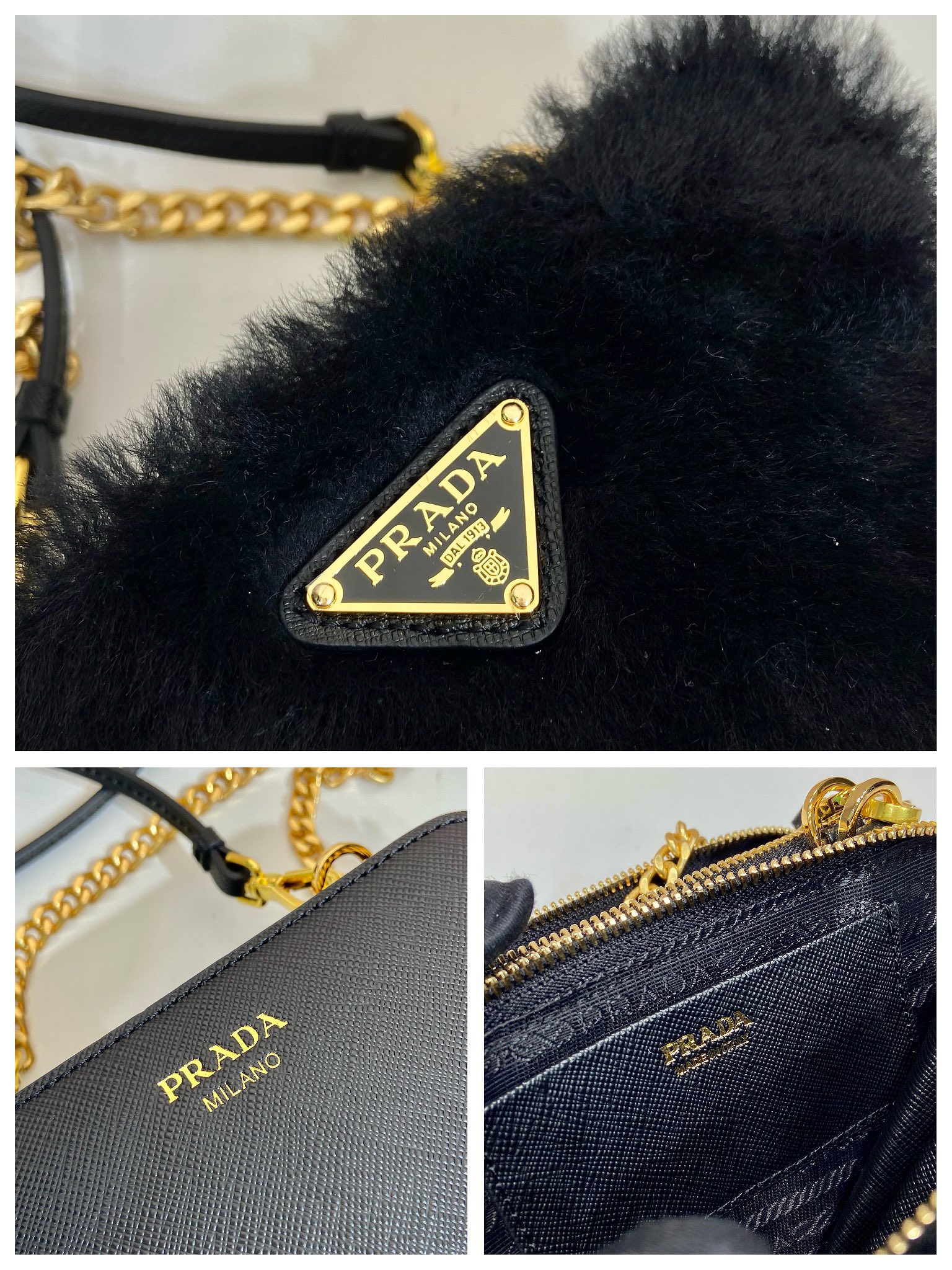 Pra*a shearling and saffiano leather mini-pouch
