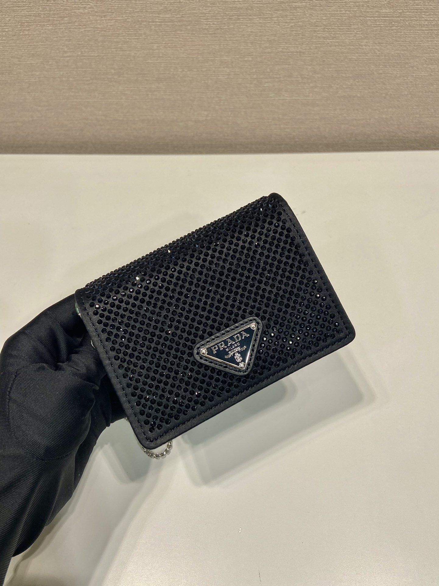 Pra*a cardholder with shoulder strap and crystals