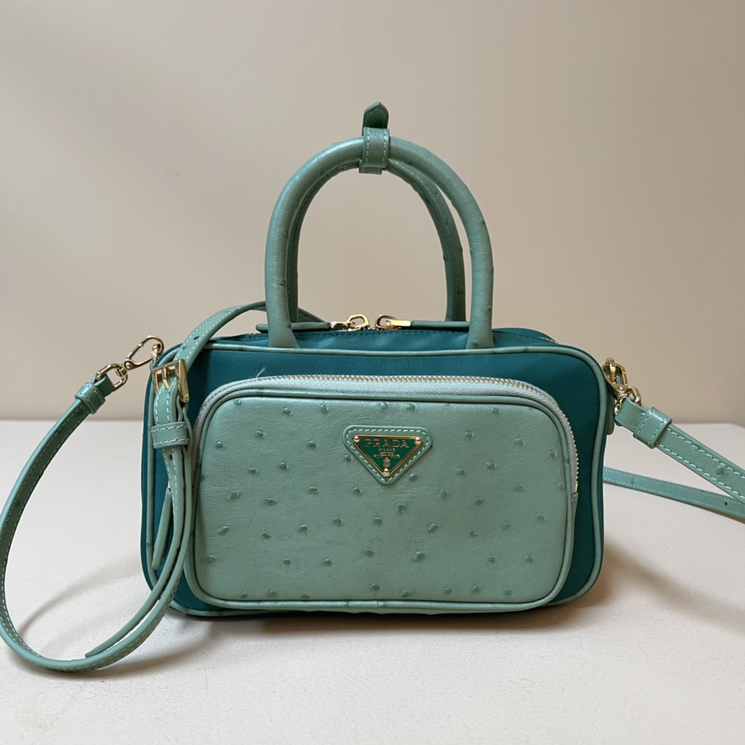 Pra*a re-nylon and leather two-handle bag