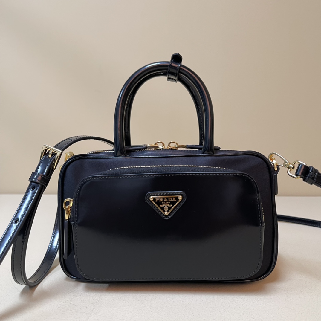 Pra*a re-nylon and leather two-handle bag