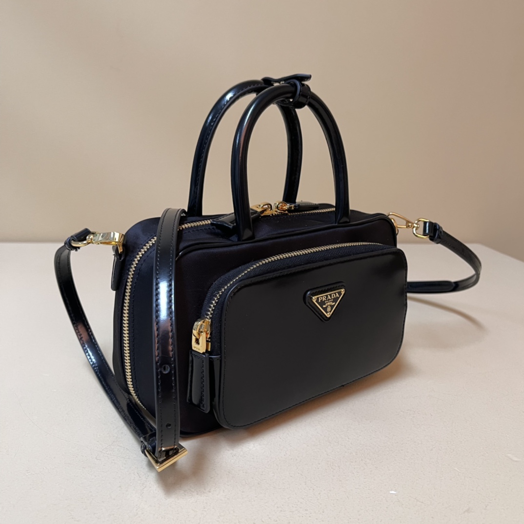 Pra*a re-nylon and leather two-handle bag