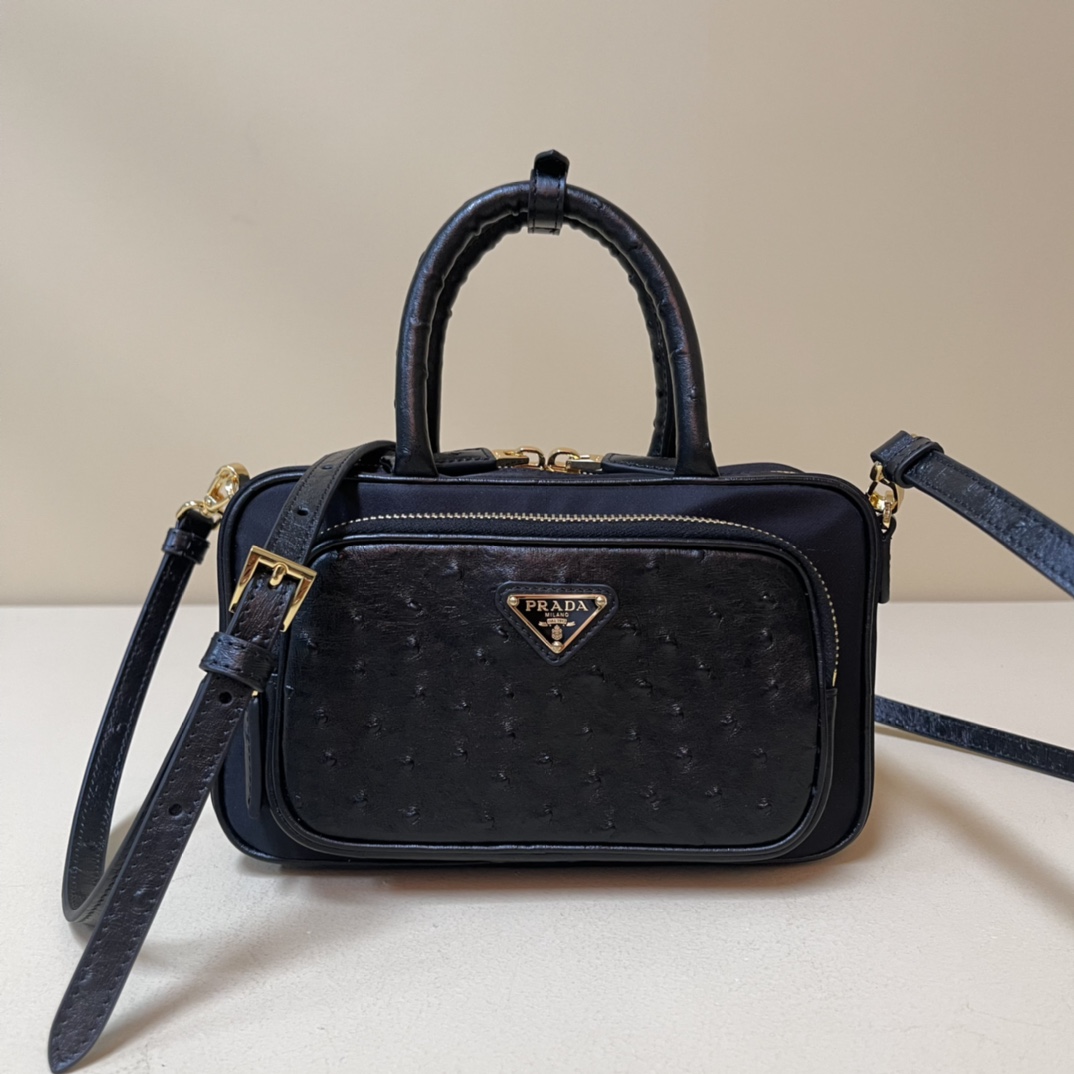 Pra*a re-nylon and leather two-handle bag