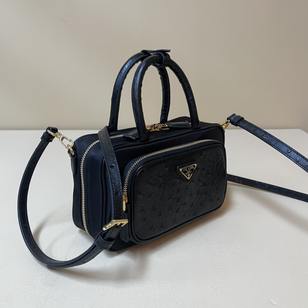 Pra*a re-nylon and leather two-handle bag