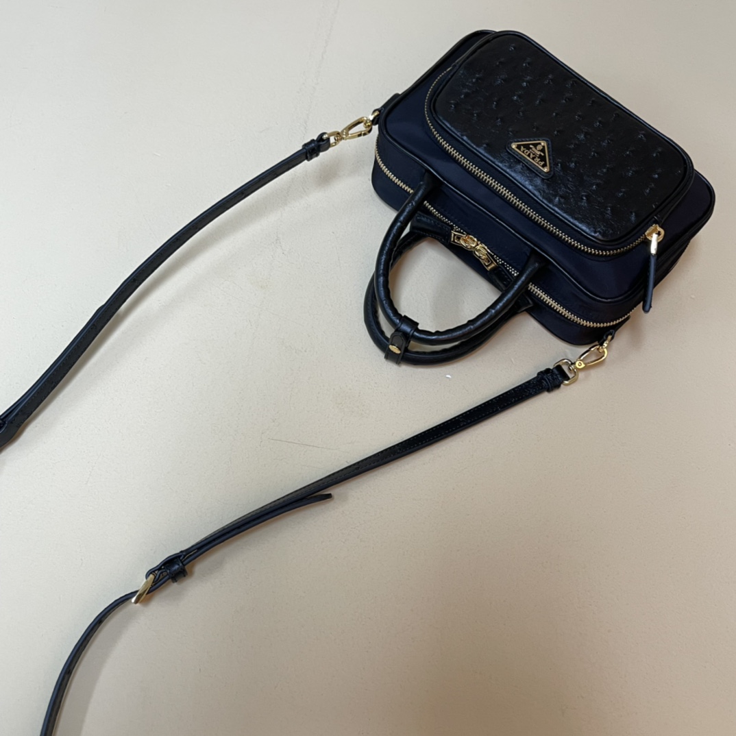 Pra*a re-nylon and leather two-handle bag