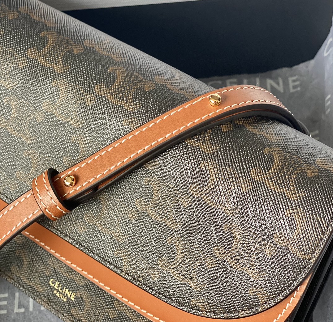 Ce**e wallet on strap in triomphe canvas and smooth lambskin tan