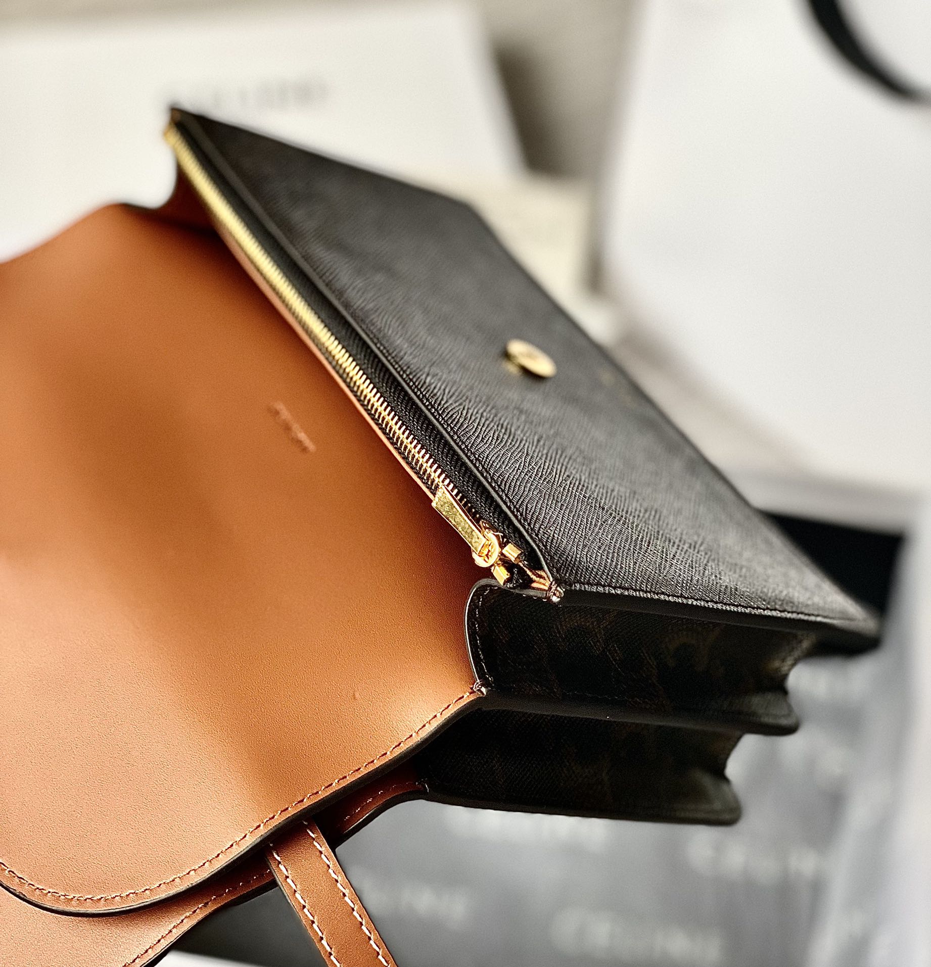 Ce**e wallet on strap in triomphe canvas and smooth lambskin tan