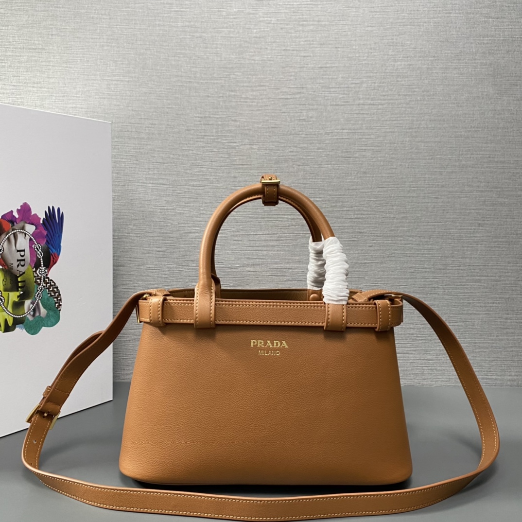Pra*a buckle small leather handbag with double belt