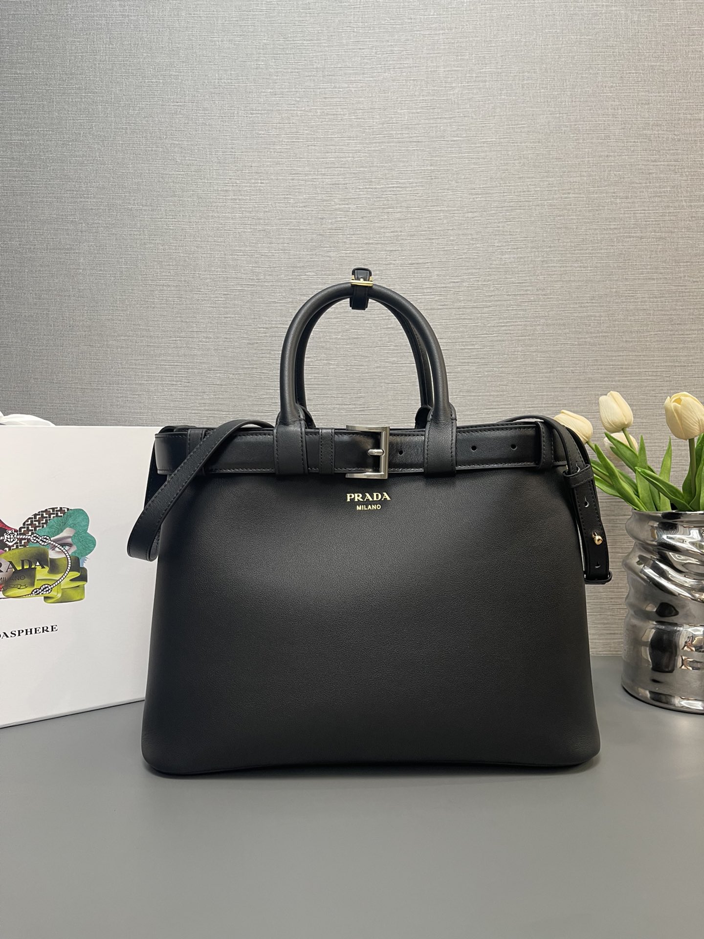 Pra*a buckle large leather handbag with belt