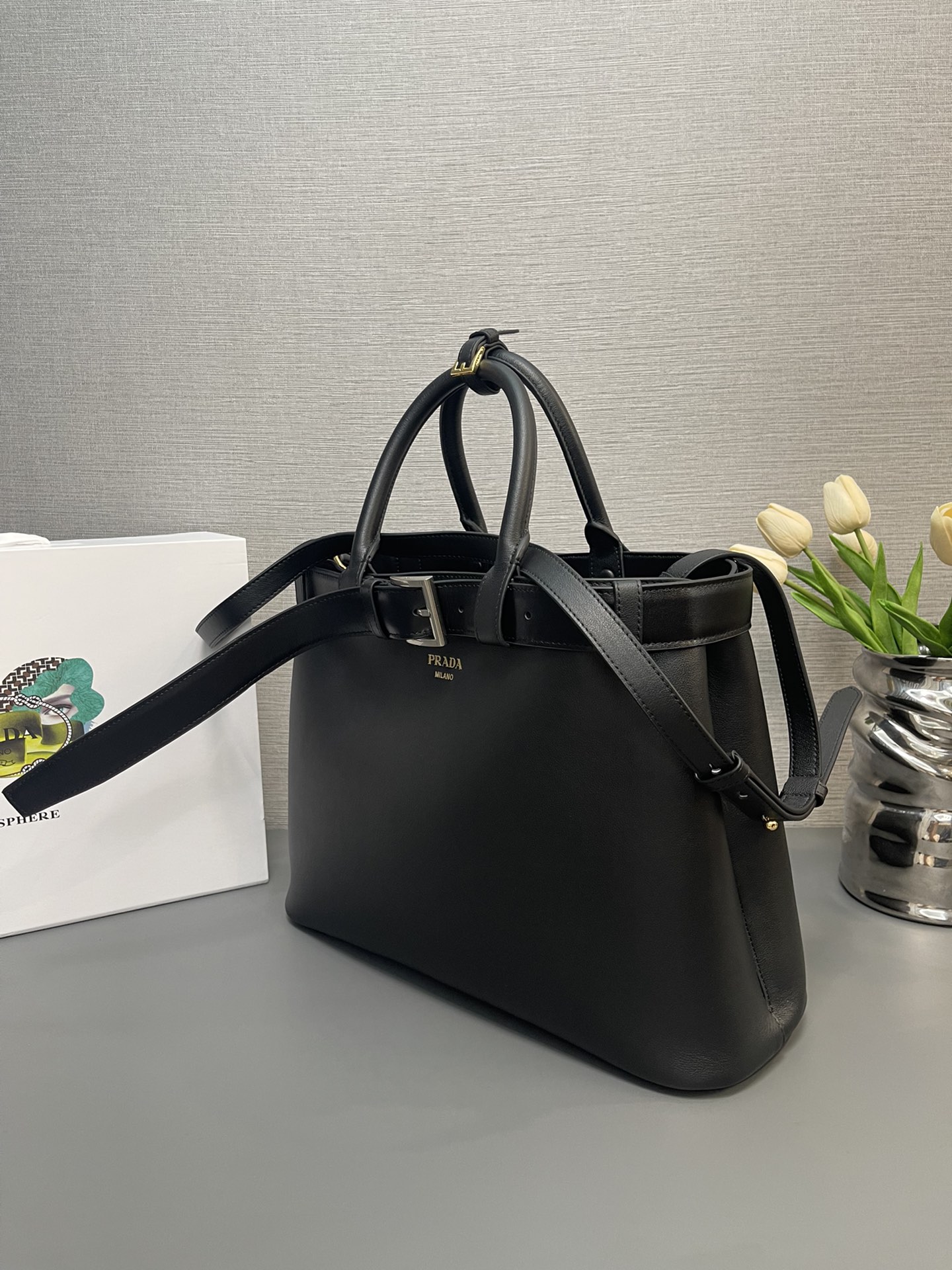 Pra*a buckle large leather handbag with belt