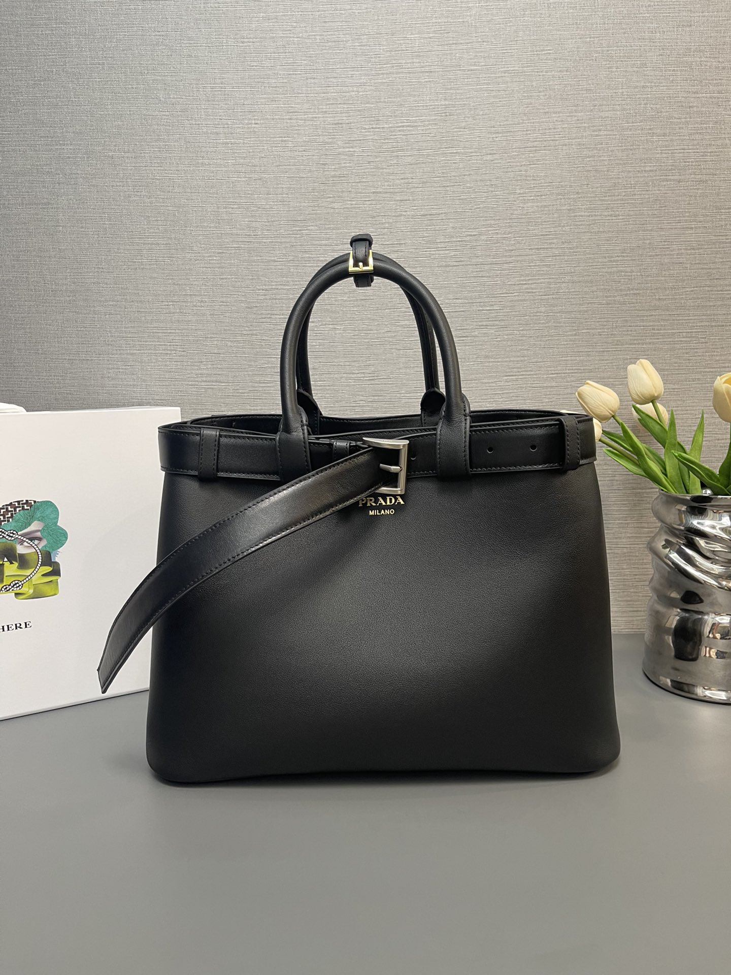 Pra*a buckle large leather handbag with belt