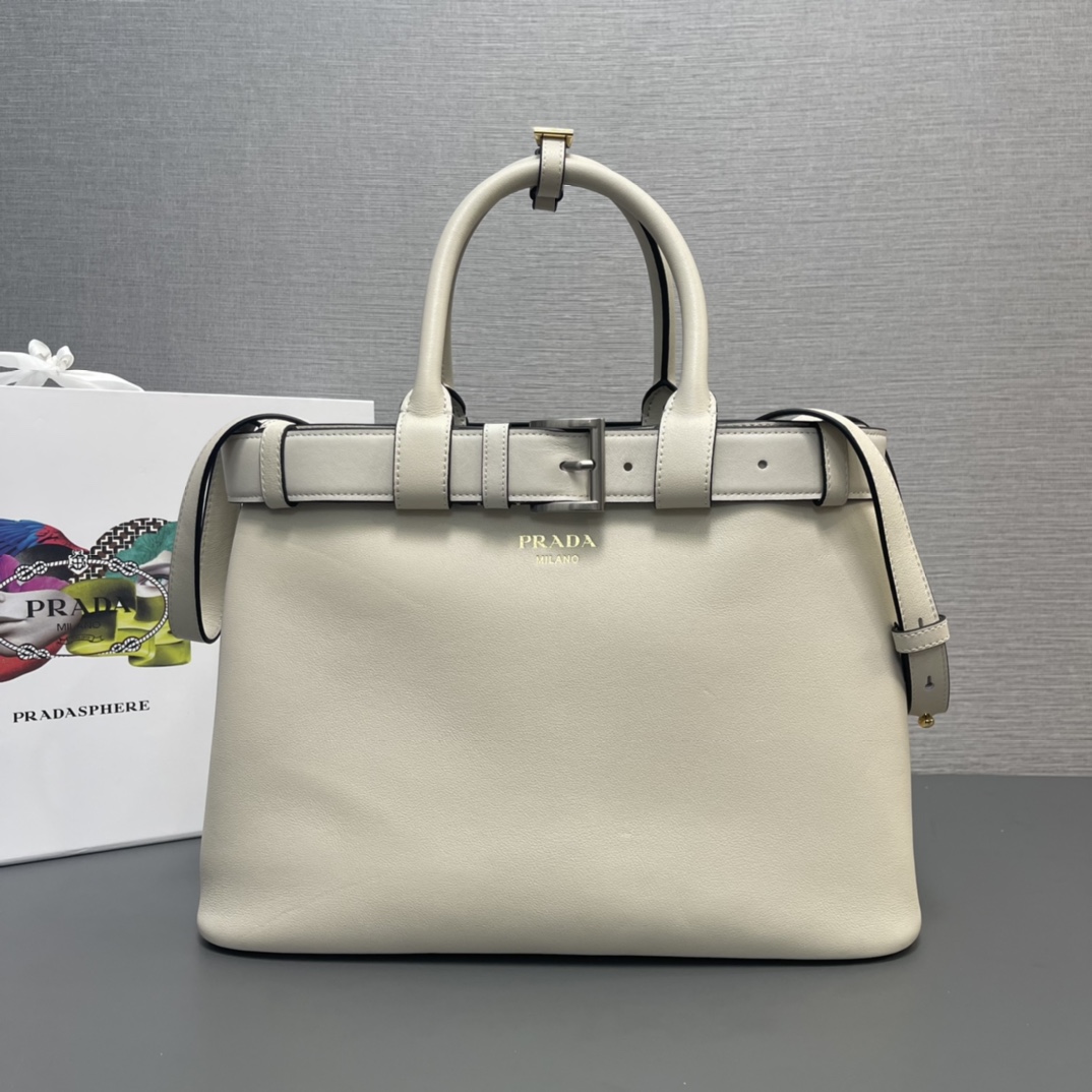 Pra*a buckle medium leather handbag with double belt