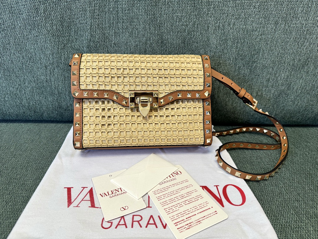 Valentino SMALL ROCKSTUD SHOULDER BAG IN WOVEN RAFFIA