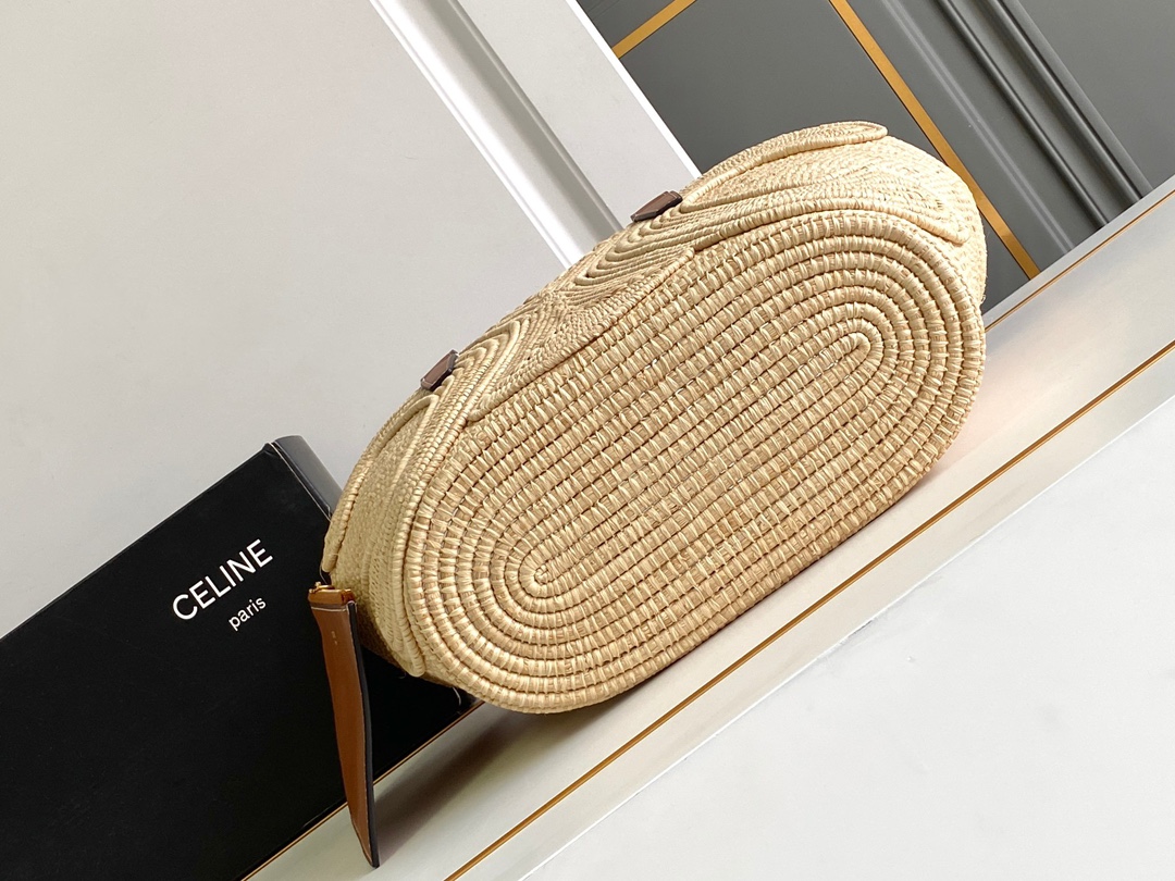 Ce**e Ce**e classic panier small braided triomphe in raffia and calfskin tan
